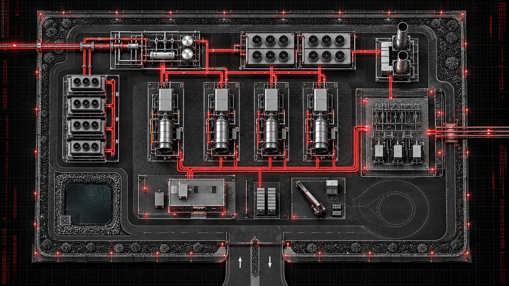 Top-down site plan of a compact modular turbine power facility showing four generation trailers, shared utilities, cooling, electrical equipment, access roads, turning space, and stormwater control.