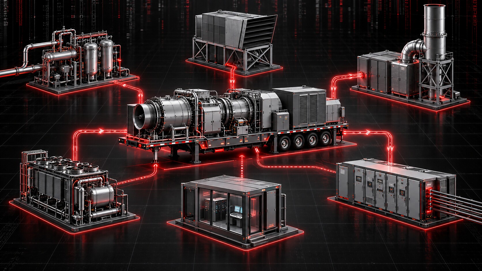 Trailer-mounted turbine generator connected to modular fuel conditioning, cooling, controls, exhaust treatment, and electrical subsystems with red illuminated pathways.