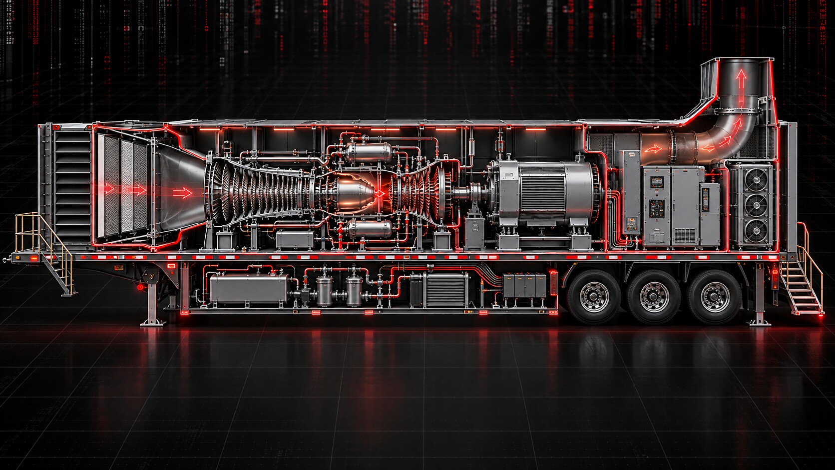 Longitudinal cutaway section of a mobile turbine power-generation trailer showing the intake, compressor, combustor, turbine, generator, controls, cooling, piping, and maintenance access.